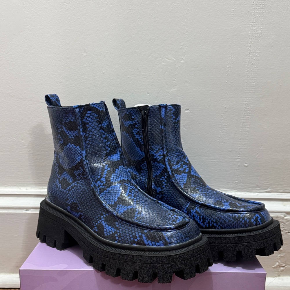 Blue Snake Print Ankle Boots